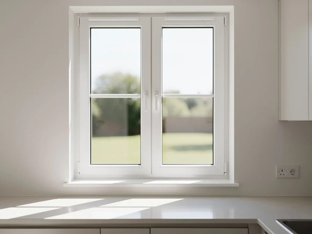 Fenêtre PVC blanche à double vitrage posée dans une cuisine rénovée