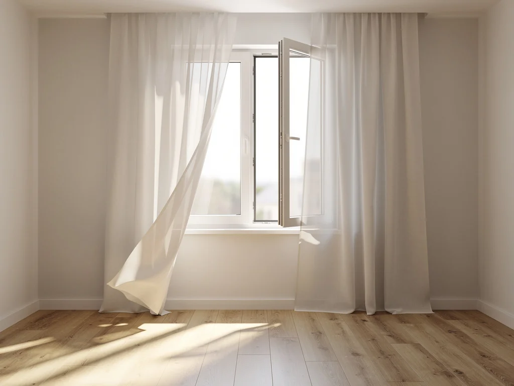 Fenêtre PVC oscillo-battante ouverte sur un séjour lumineux
