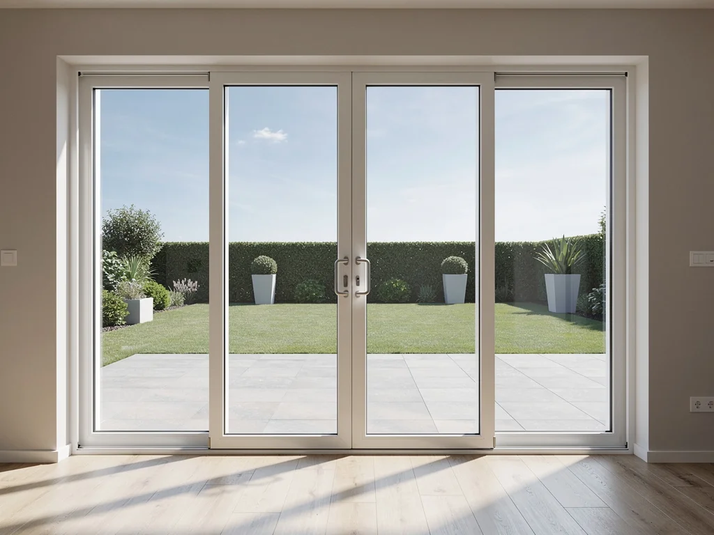 Porte-fenêtre PVC coulissante donnant sur une terrasse de plain-pied
